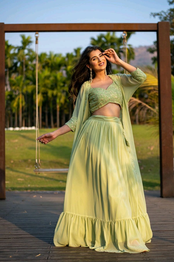 Pastel Olive Lehenga with Jacket - Olive green, XL