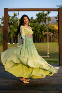 Pastel Olive Lehenga with Jacket - Olive green, XL