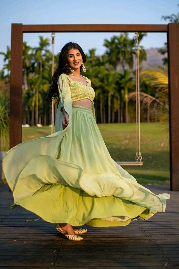 Pastel Olive Lehenga with Jacket - Olive green, XL