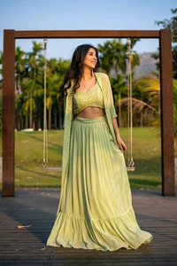 Pastel Olive Lehenga with Jacket - Olive green, XL