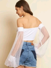 Casual Bishop Sleeve Solid Women White. Top - White, L