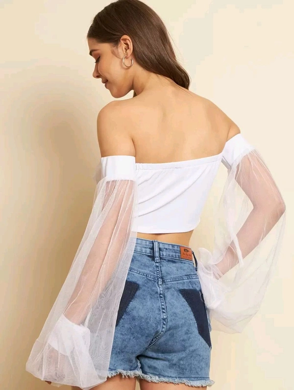 Casual Bishop Sleeve Solid Women White. Top - White, L