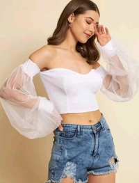 Casual Bishop Sleeve Solid Women White. Top - White, M