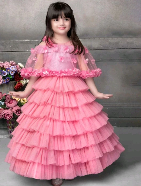 Girls Layered Net Fit & Flare Dress - pink, M 4 To 5 Yrs