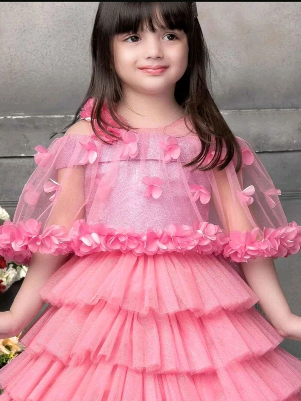 Girls Layered Net Fit & Flare Dress - pink, M 4 To 5 Yrs