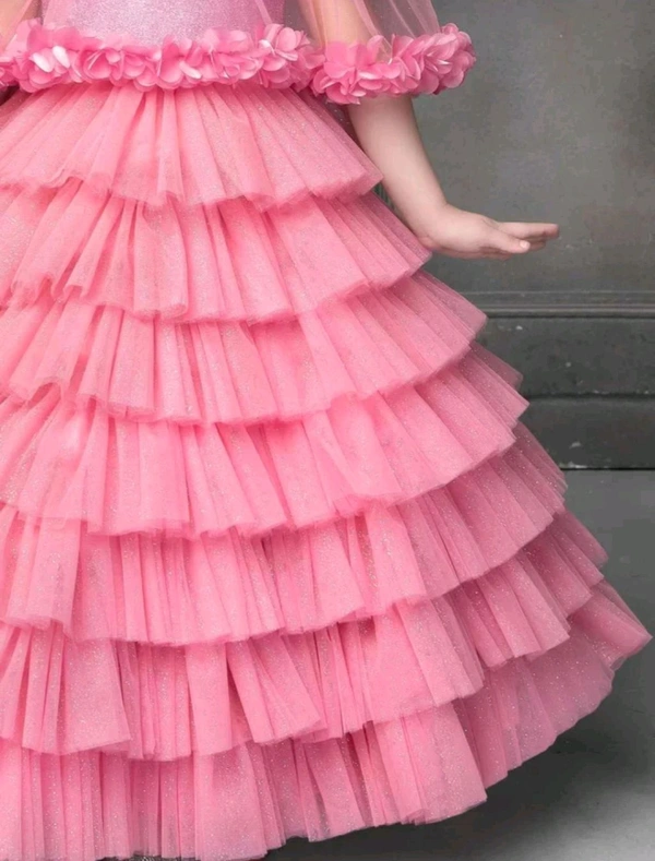 Girls Layered Net Fit & Flare Dress - pink, M 4 To 5 Yrs