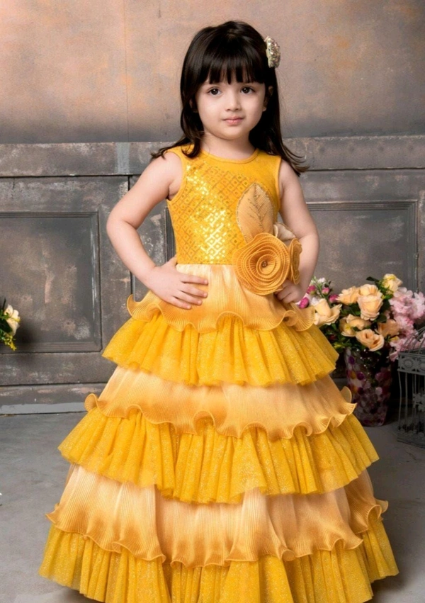 Girls Multilayered Party Wear Gown Dress - Fuel Yellow, XL 7 To 8 Yrs