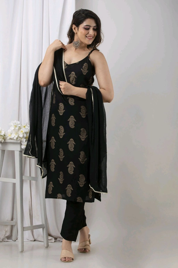 Women's Rayon Beautiful Foil Print Sleeveless Kurta | Comfortable Trendy Kurta Bottom Duppata Set | Eye-Catchy Regular Fit Kurta Set - Black, M