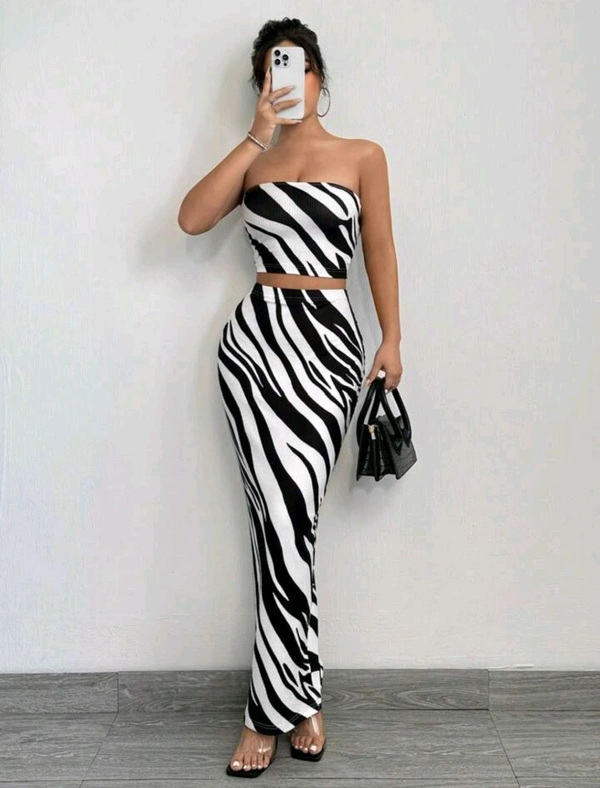 2 piezas Conjunto de top tubo y falda ajustado con estampado de cebra de moda de verano para mujer - Black white, L
