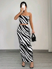 2 piezas Conjunto de top tubo y falda ajustado con estampado de cebra de moda de verano para mujer - Black white, L