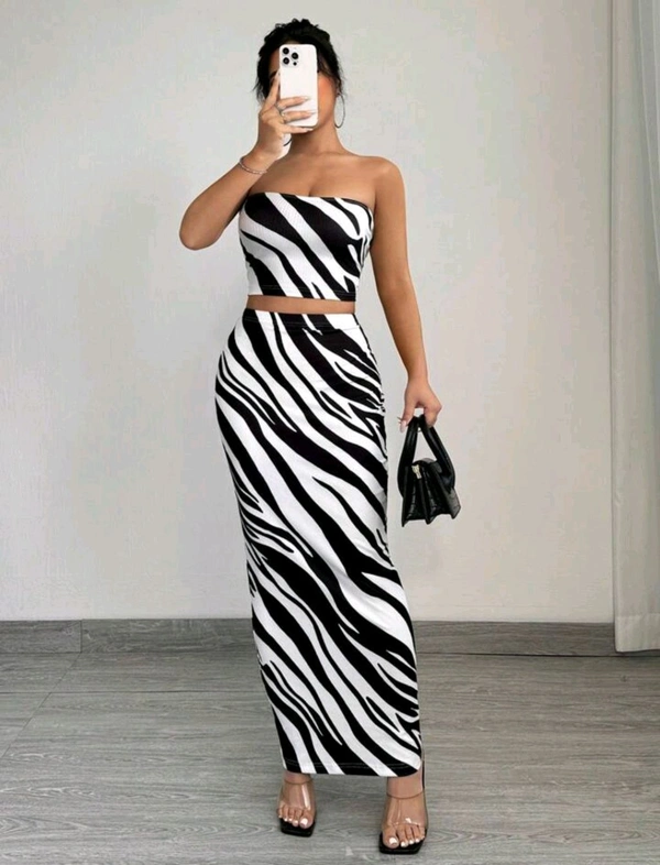 2 piezas Conjunto de top tubo y falda ajustado con estampado de cebra de moda de verano para mujer - Black white, L