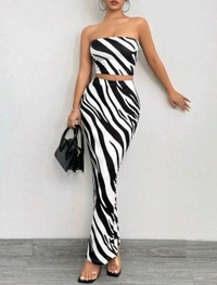 2 piezas Conjunto de top tubo y falda ajustado con estampado de cebra de moda de verano para mujer - Black white, XS