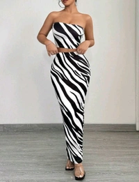 2 piezas Conjunto de top tubo y falda ajustado con estampado de cebra de moda de verano para mujer - Black white, XS