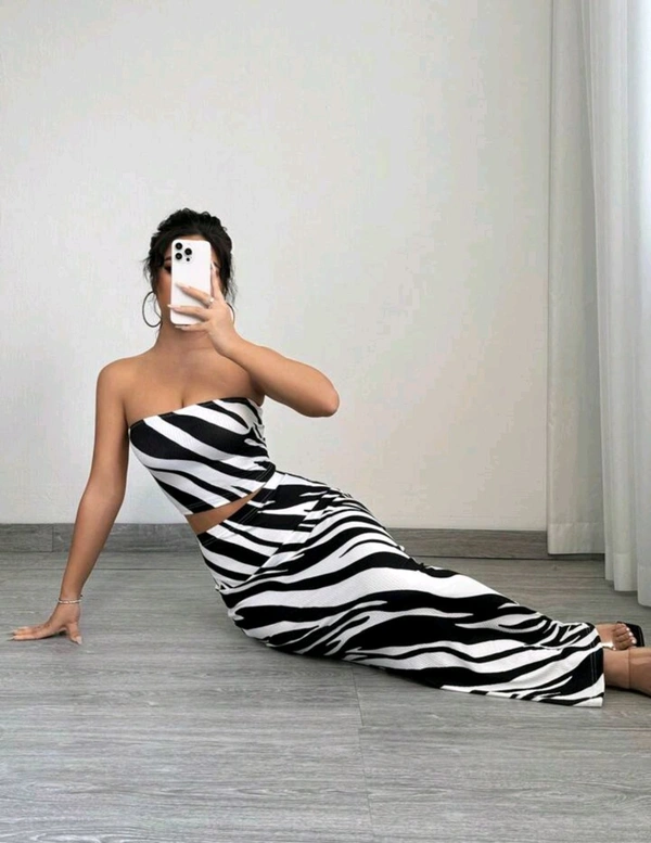 2 piezas Conjunto de top tubo y falda ajustado con estampado de cebra de moda de verano para mujer - Black white, XS