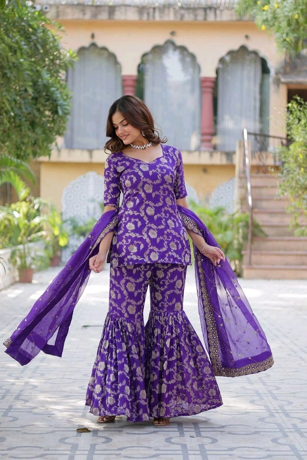 Purple Viscose Georgette Jacquard With Embroidered Sequins Sharara Suit Festive Wear - Royal Purple, L