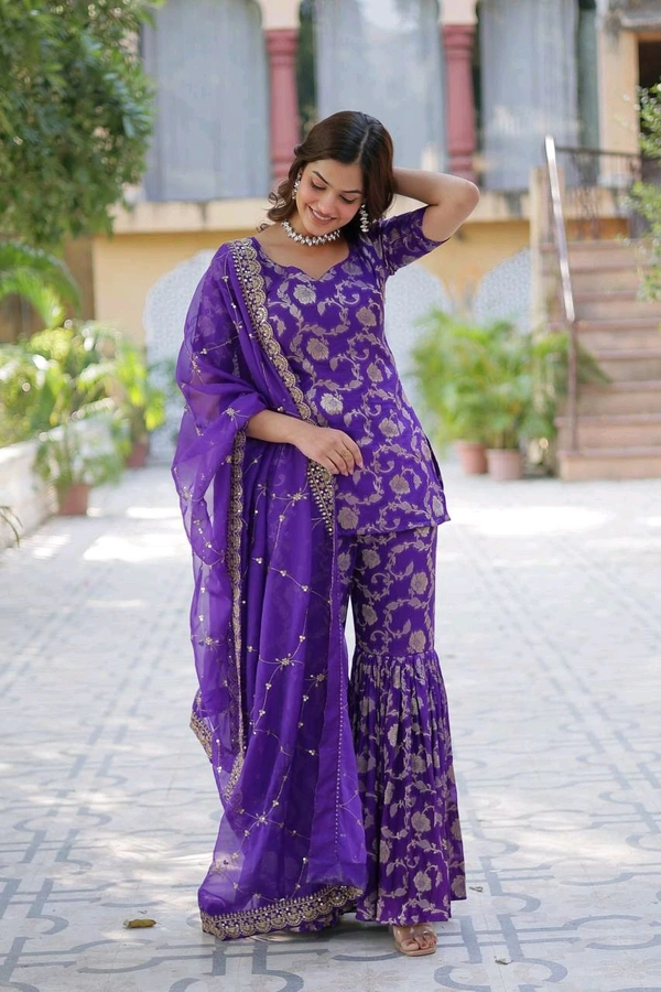 Purple Viscose Georgette Jacquard With Embroidered Sequins Sharara Suit Festive Wear - Royal Purple, L