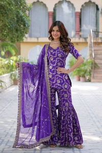 Purple Viscose Georgette Jacquard With Embroidered Sequins Sharara Suit Festive Wear - Royal Purple, XL