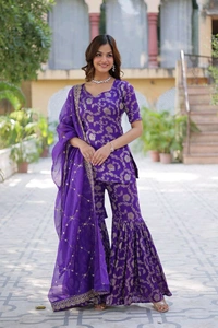 Purple Viscose Georgette Jacquard With Embroidered Sequins Sharara Suit Festive Wear - Royal Purple, XL
