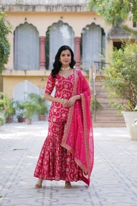 Purple Viscose Georgette Jacquard With Embroidered Sequins Sharara Suit Festive Wear - Shiraz, L