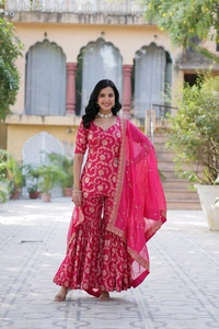 Purple Viscose Georgette Jacquard With Embroidered Sequins Sharara Suit Festive Wear - Shiraz, L