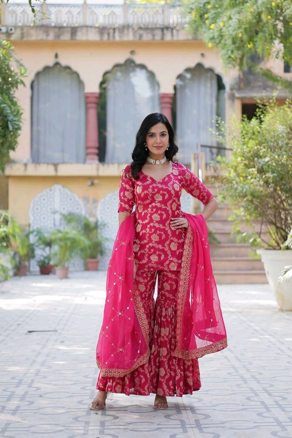 Purple Viscose Georgette Jacquard With Embroidered Sequins Sharara Suit Festive Wear - Shiraz, XXL