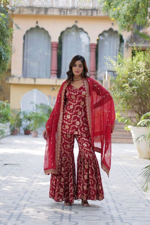 Purple Viscose Georgette Jacquard With Embroidered Sequins Sharara Suit Festive Wear - Claret, M