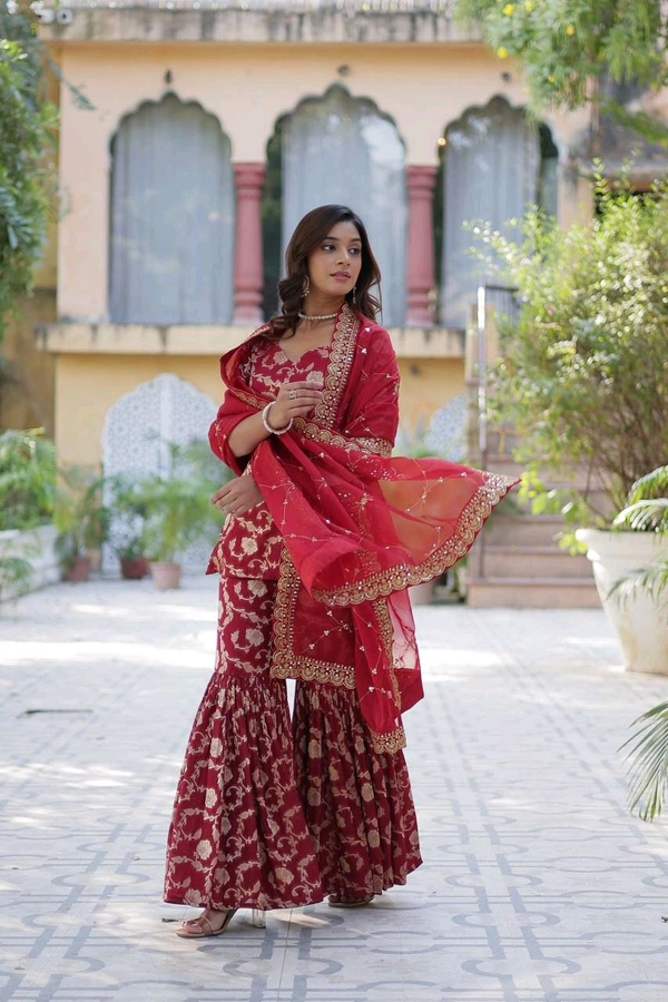 Purple Viscose Georgette Jacquard With Embroidered Sequins Sharara Suit Festive Wear - Claret, XL