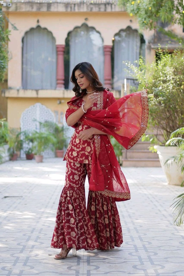 Purple Viscose Georgette Jacquard With Embroidered Sequins Sharara Suit Festive Wear - Claret, XL