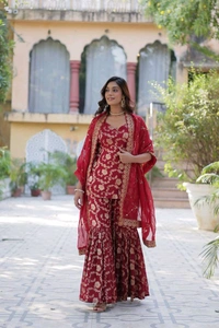 Purple Viscose Georgette Jacquard With Embroidered Sequins Sharara Suit Festive Wear - Claret, XL