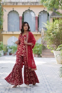 Purple Viscose Georgette Jacquard With Embroidered Sequins Sharara Suit Festive Wear - Claret, XXL