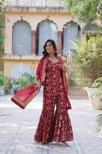 Purple Viscose Georgette Jacquard With Embroidered Sequins Sharara Suit Festive Wear - Claret, XXL