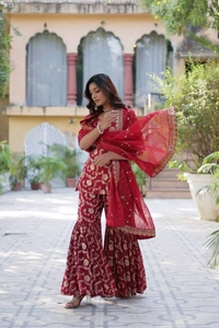 Purple Viscose Georgette Jacquard With Embroidered Sequins Sharara Suit Festive Wear - Claret, XXL