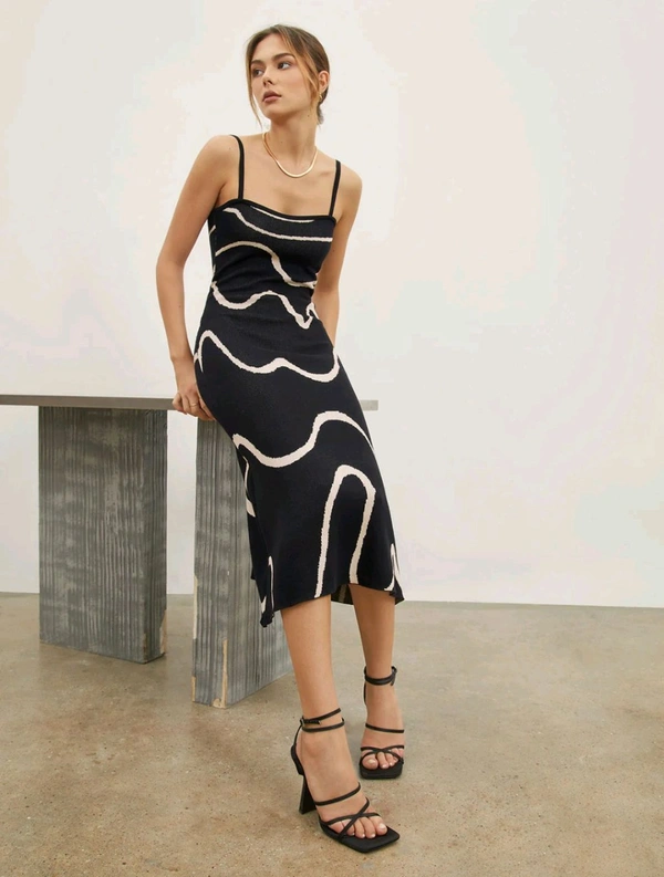 Wavy Print Strap Midi Dress - Black, XL