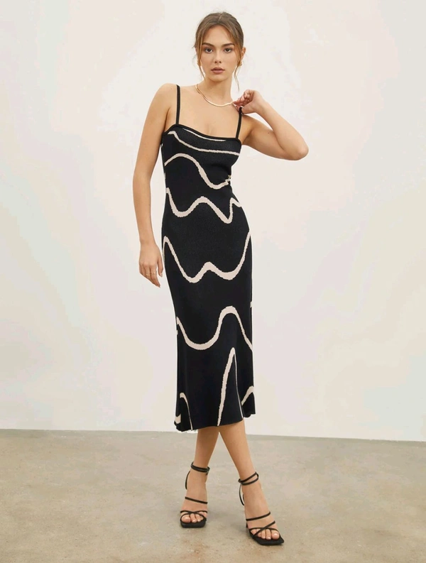 Wavy Print Strap Midi Dress - Black, XL