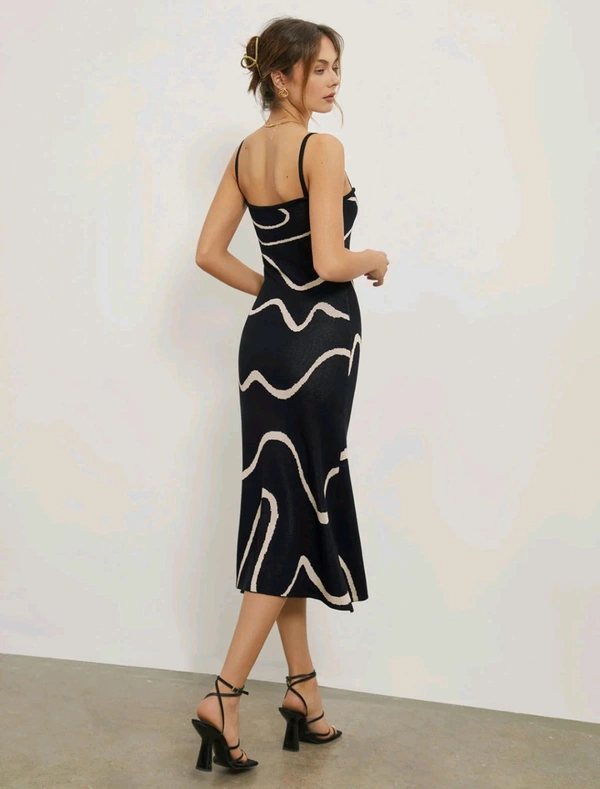 Wavy Print Strap Midi Dress - Black, XL