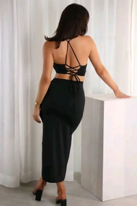 Black Shoulder Straps Crop Top With High Slit Skirt Co-Ords
 - Black, XL