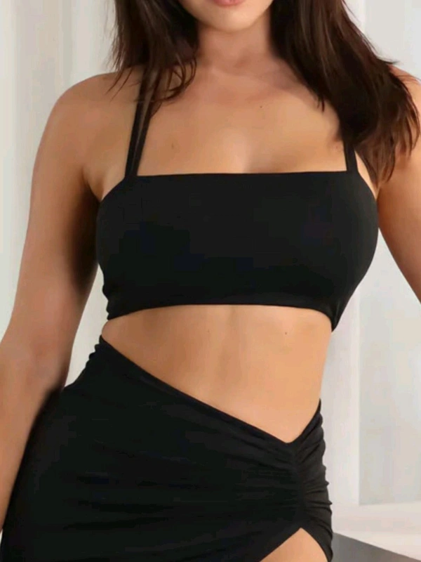 Black Shoulder Straps Crop Top With High Slit Skirt Co-Ords
 - Black, XL