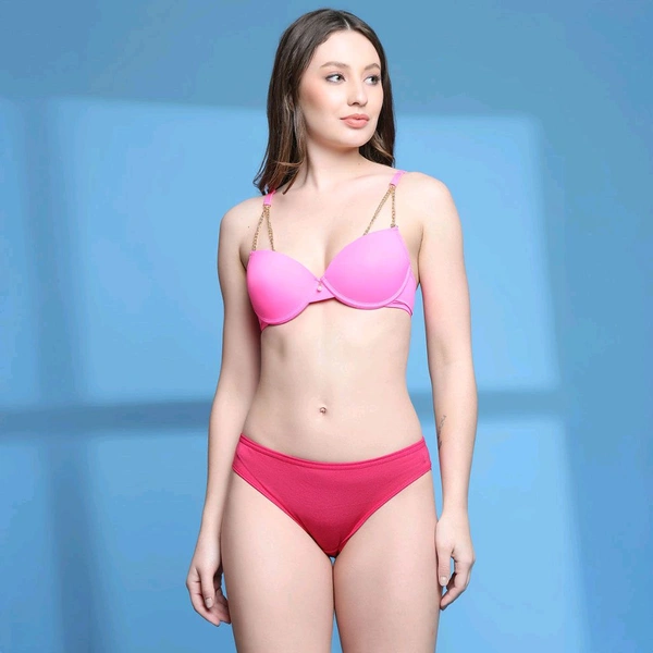 Lightly Padded Underwired Sexy Balconette Bra with Chain Strap Pink  - Lavender Rose, 32C