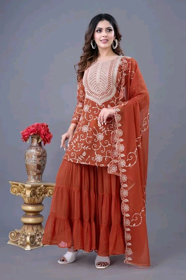 Heavy Georgette Embroidered Top & Sharara Plazo Set – Ready to Wear, Fully Stitched - El Salva, L