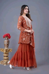 Heavy Georgette Embroidered Top & Sharara Plazo Set – Ready to Wear, Fully Stitched - El Salva, L