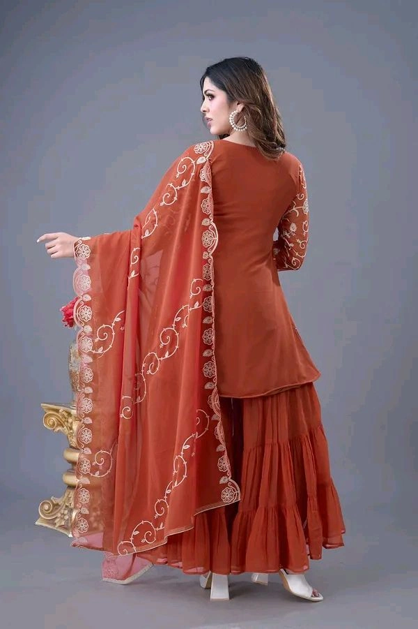 Heavy Georgette Embroidered Top & Sharara Plazo Set – Ready to Wear, Fully Stitched - El Salva, L