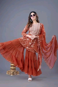 Heavy Georgette Embroidered Top & Sharara Plazo Set – Ready to Wear, Fully Stitched - El Salva, L