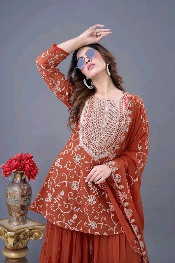 Heavy Georgette Embroidered Top & Sharara Plazo Set – Ready to Wear, Fully Stitched - El Salva, L