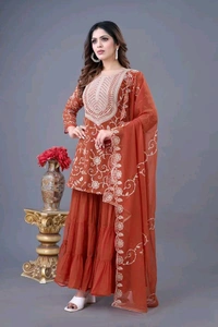 Heavy Georgette Embroidered Top & Sharara Plazo Set – Ready to Wear, Fully Stitched - El Salva, S