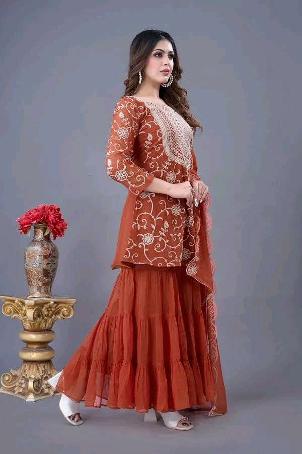 Heavy Georgette Embroidered Top & Sharara Plazo Set – Ready to Wear, Fully Stitched - El Salva, S