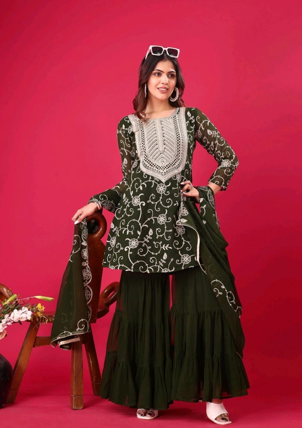Heavy Georgette Embroidered Top & Sharara Plazo Set – Ready to Wear, Fully Stitched - Rifie Green, M