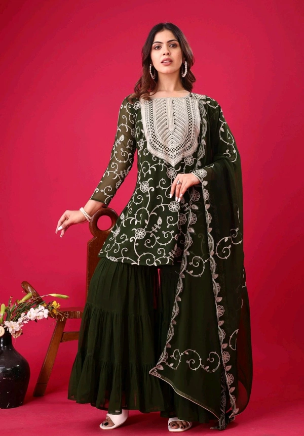 Heavy Georgette Embroidered Top & Sharara Plazo Set – Ready to Wear, Fully Stitched - Rifie Green, M