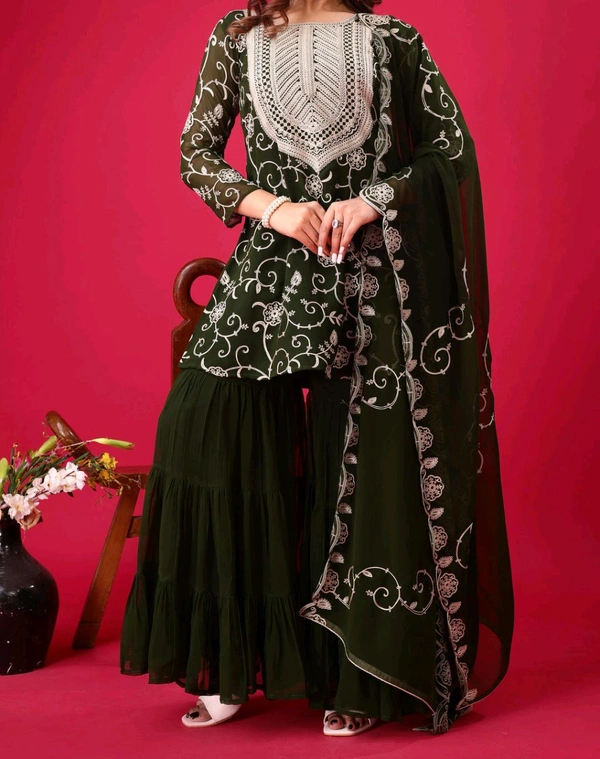 Heavy Georgette Embroidered Top & Sharara Plazo Set – Ready to Wear, Fully Stitched - Rifie Green, M