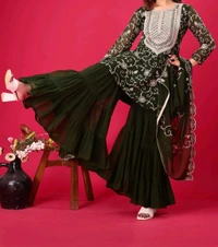 Heavy Georgette Embroidered Top & Sharara Plazo Set – Ready to Wear, Fully Stitched - Rifie Green, M