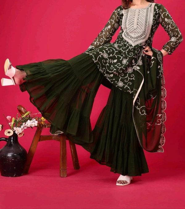 Heavy Georgette Embroidered Top & Sharara Plazo Set – Ready to Wear, Fully Stitched - Rifie Green, M